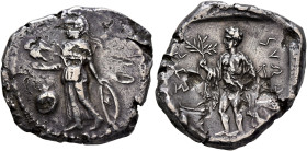 PAMPHYLIA. Side. Circa 400-380 BC. Stater (Silver, 26 mm, 10.69 g, 8 h). Athena standing left, holding owl in her right hand and shield with her left;...