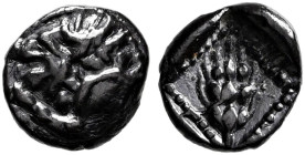 CILICIA. Tarsos. Circa 440-420 BC. Hemiobol (Silver, 7 mm, 0.28 g, 11 h). Forepart of a lion to left. Rev. Grain ear in dotted square within incuse sq...