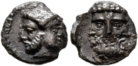 CILICIA. Uncertain. 4th century BC. Obol (Silver, 9 mm, 0.56 g, 1 h). Janiform head; on the left, a bearded male; on the right, a diademed female. Rev...