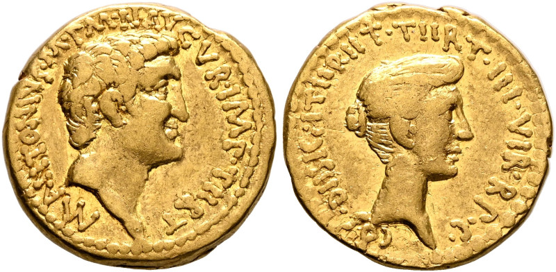 Mark Antony, 44-30 BC. Aureus (Gold, 20 mm, 8.00 g, 11 h), with Octavia. Athens,...