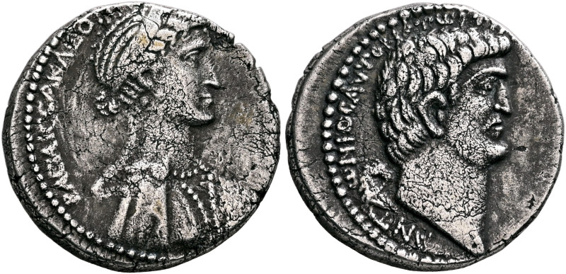 Mark Antony and Cleopatra. Tetradrachm (Silver, 25 mm, 15.13 g, 12 h), Antiochia...