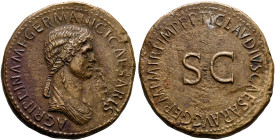 Agrippina Senior, died 33. Sestertius (Orichalcum, 36 mm, 27.71 g, 6 h), Rome, struck under Claudius, 50-54. AGRIPPINA M F GERMANICI CAESARIS Draped b...