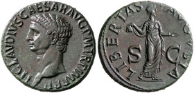 Claudius, 41-54. As (Copper, 29 mm, 11.66 g, 6 h), Rome, 42-43. TI CLAVDIVS CAESAR AVG P M TR P IMP P P Bare head of Claudius to left. Rev. LIBERTAS A...
