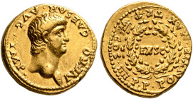 Nero, 54-68. Aureus (Gold, 19 mm, 7.60 g, 3 h), Lugdunum, 60. NERO•CAESAR•AVG•IMP• Bare head of Nero to right. Rev. PONTIF•MAX•TR•P•VI•COS•IIII•P•P• O...