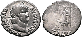 Nero, 54-68. Denarius (Silver, 18 mm, 3.13 g, 6 h), Rome, 65-66. NERO CAESAR AVGVSTVS Laureate head of Nero to right. Rev. SALVS Salus seated left on ...