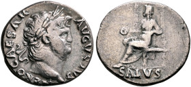 Nero, 54-68. Denarius (Silver, 17 mm, 3.08 g, 6 h), Rome, 66-67. IMP NERO CAESAR AVGVSTVS Laureate head of Nero to right. Rev. SALVS Salus seated left...