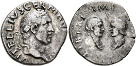 Vitellius, with his children, 69. Denarius (Silver, 18 mm, 3.14 g, 6 h), Rome, circa late April-20 December 69. A VITELLIVS GERMAN IMP TR P Laureate h...