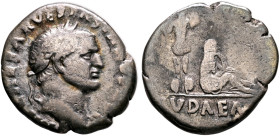Vespasian, 69-79. Denarius (Silver, 18 mm, 3.00 g, 6 h), Rome, 69-70. [IMP C]AESAR VESPASIA[NVS AVG] Laureate head of Vespasian to right. Rev. IVDAEA ...