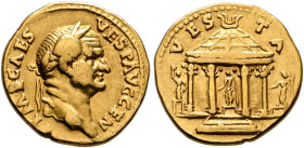 Vespasian, 69-79. Aureus (Gold, 20 mm, 7.12 g, 12 h), Rome, 73. IMP CAES VESP AVG P M COS IIII CEN Laureate head of Vespasian to right. Rev. VESTA Fro...
