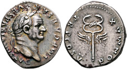 Vespasian, 69-79. Denarius (Silver, 20 mm, 3.54 g, 6 h), Rome, 74. IMP CAESAR VESPASIANVS AVG Laureate head of Vespasian to right. Rev. PON MAX TR P C...