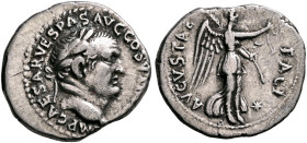 Vespasian, 69-79. Denarius (Silver, 19 mm, 3.39 g, 8 h), Ephesus, 74. [I]MP CAESAR VESPAS AVG COS V T[R P P P] Laureate head of Vespasian to right. Re...