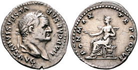 Vespasian, 69-79. Denarius (Silver, 20 mm, 3.38 g, 6 h), Rome, 75. IMP CAESAR VESPASIANVS AVG Laureate head of Vespasian to right. Rev. PON MAX TR P C...