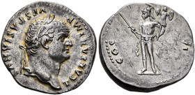 Titus, as Caesar, 69-79. Denarius (Silver, 18 mm, 3.34 g, 6 h), Rome, 77-78. T CAESAR IMP VESPASIANVS Laureate head of Titus to right. Rev. COS VI Mar...