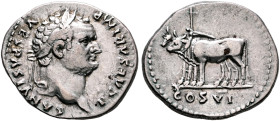 Titus, as Caesar, 69-79. Denarius (Silver, 19 mm, 3.39 g, 6 h), Rome, 77-78. T CAESAR IMP VESPASIANVS Laureate head of Titus to right. Rev. COS VI Pai...