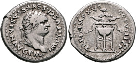 Titus, 79-81. Denarius (Silver, 18 mm, 3.39 g, 6 h), Rome, January-June 80. IMP TITVS CAES VESPASIAN AVG P M• Laureate head of Titus to right. Rev. TR...