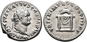 Titus, 79-81. Denarius (Silver, 18 mm, 3.32 g, 5 h), Rome, 80. IMP TITVS CAES VESPASIAN AVG P M Laureate head of Titus to right. Rev. TR P IX IMP XV C...