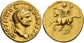 Domitian, as Caesar, 69-81. Aureus (Gold, 20 mm, 7.07 g, 12 h), Rome, struck under Vespasian, 73. DOMIT COS II CAES AVG F Laureate head of Domitian to...