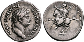 Domitian, as Caesar, 69-81. Denarius (Silver, 20 mm, 3.20 g, 1 h), Rome, 73-early 75. CAES AVG F DOMIT COS II Laureate head of Domitian to right. Rev....