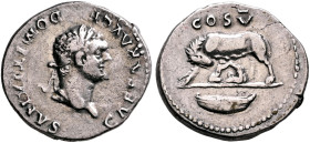 Domitian, as Caesar, 69-81. Denarius (Silver, 19 mm, 3.20 g, 6 h), Rome, 77-78. CAESAR AVG F DOMITIANVS Laureate head of Domitian to right. Rev. COS V...