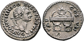 Domitian, 81-96. Denarius (Silver, 19 mm, 3.20 g, 6 h), Rome, 81. IMP CAESAR DOMITIANVS AVG Laureate head of Domitian to right. Rev. TR P COS VII Wrea...