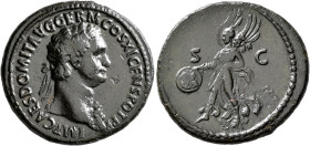 Domitian, 81-96. As (Copper, 30 mm, 12.32 g, 7 h), Rome, 85. IMP CAES DOMIT AVG GERM COS XI CENS POT P P Laureate head of Domitian to right, wearing a...