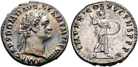 Domitian, 81-96. Denarius (Silver, 19 mm, 3.41 g, 7 h), Rome, 90. IMP CAES DOMIT AVG GERM P M TR P VIIII Laureate head of Domitian to right. Rev. IMP ...
