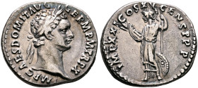 Domitian, 81-96. Denarius (Silver, 19 mm, 3.41 g, 6 h), Rome, September 90-September 91. IMP CAES DOMIT AVG GERM P M TR P X Laureate head of Domitian ...
