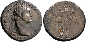Domitian, 81-96. Sestertius (Orichalcum, 33 mm, 21.84 g, 6 h), Rome, 95-96. IMP CAES DOMIT AVG GERM COS XVII CENS PER P P Laureate head of Domitian to...