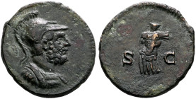 Anonymous issues, time of Hadrian to Antoninus Pius, 117-161. Quadrans (Copper, 16 mm, 2.54 g, 12 h), Rome. Helmeted and cuirassed bust of Mars to rig...