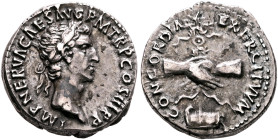 Nerva, 96-98. Denarius (Silver, 18 mm, 3.68 g, 6 h), Rome, 97. IMP NERVA CAES AVG P M TR P COS III P P Laureate head of Nerva to right. Rev. CONCORDIA...