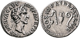 Nerva, 96-98. Denarius (Silver, 18 mm, 3.53 g, 6 h), Rome, 97. IMP NERVA CAES AVG P M TR POT II Laureate head of Nerva to right. Rev. COS III PATER PA...