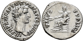 Nerva, 96-98. Denarius (Silver, 18 mm, 3.20 g, 8 h), Rome, 97. IMP NERVA CAES AVG P M TR P COS III P P Laureate head of Nerva to right. Rev. SALVS PVB...