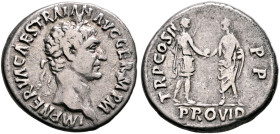 Trajan, 98-117. Denarius (Silver, 18 mm, 3.23 g, 6 h), Rome, 28 January-February 98. IMP NERVA CAES TRAIAN AVG GERM P M Laureate head of Trajan to rig...