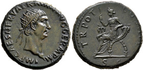 Trajan, 98-117. Dupondius (Orichalcum, 27 mm, 11.70 g, 6 h), Rome, autumn 98-autumn 99. IMP CAES NERVA TRAIAN AVG GERM P M Radiate bust of Trajan to r...