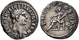 Trajan, 98-117. Quinarius (Silver, 14 mm, 1.38 g, 6 h), Rome, 100. IMP CAES NERVA TRAIAN AVG GERM Laureate head of Trajan to right. Rev. P M TR P COS ...