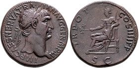 Trajan, 98-117. Sestertius (Orichalcum, 34 mm, 28.78 g, 6 h), Rome, 101-102. IMP CAES NERVA TRAIAN AVG GERM P M Laureate head of Trajan to right. Rev....