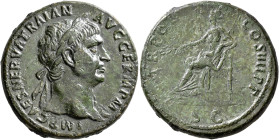 Trajan, 98-117. Sestertius (Orichalcum, 34 mm, 26.80 g, 6 h), Rome, 101-102. IMP CAES NERVA TRAIAN AVG GERM P M Laureate head of Trajan to right,with ...