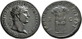 Trajan, 98-117. Dupondius (Orichalcum, 27 mm, 14.37 g, 6 h), Rome, circa 103-105. IMP CAES NERVAE TRAIANO AVG GER DAC P M TR P COS V P P Radiate head ...