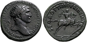 Trajan, 98-117. Dupondius (Orichalcum, 28 mm, 11.62 g, 7 h), Rome, circa 104-107. IMP CAES NERVAE TRAIANO AVG GER DAC P M TR P COS V P P Radiate head ...