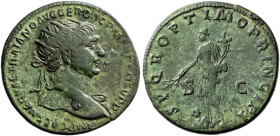 Trajan, 98-117. Dupondius (Orichalcum, 27 mm, 8.90 g, 6 h), Rome, circa 105-107. IMP CAES NERVAE TRAIANO AVG GER DAC P M TR P COS V P P Radiate head o...