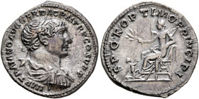 Trajan, 98-117. Denarius (Silver, 19 mm, 3.46 g, 6 h), Rome, circa 106-107. IMP TRAIANO AVG GER DAC P M TR P COS V P P Laureate, draped and cuirassed ...
