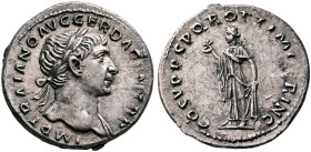 Trajan, 98-117. Denarius (Silver, 19 mm, 3.13 g, 7 h), Rome, circa 107-108. IMP TRAIANO AVG GER DAC P M TR P Laureate head of Trajan to right, with sl...