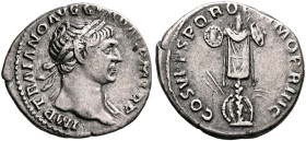 Trajan, 98-117. Denarius (Silver, 19 mm, 3.00 g, 6 h), Rome, circa 107-108. IMP TRAIANO AVG GER DAC P M TR P Laureate head of Trajan to right, with sl...