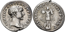Trajan, 98-117. Denarius (Silver, 19 mm, 3.30 g, 6 h), Rome, circa 107-108. IMP TRAIANO AVG GER DAC P M TR P Laureate head of Trajan to right, with sl...