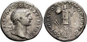 Trajan, 98-117. Denarius (Silver, 18 mm, 3.64 g, 6 h), Rome, circa 107-108. IMP TRAIANO AVG GER DAC P M TR P Laureate head of Trajan to right, with sl...