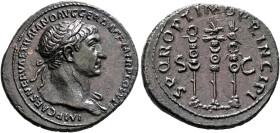 Trajan, 98-117. As (Copper, 30 mm, 11.30 g, 7 h), Rome, 107-108. IMP CAES NERVAE TRAIANO AVG GER DAC P M TR P COS V P P Laureate head of Trajan to rig...
