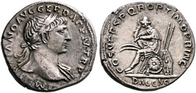 Trajan, 98-117. Denarius (Silver, 19 mm, 3.57 g, 6 h), Rome, circa 108-109. IMP TRAIANO AVG GER DAC P M TR P Laureate head of Trajan to right, with sl...