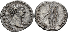 Trajan, 98-117. Denarius (Silver, 19 mm, 3.20 g, 6 h), Rome, 108-109. IMP TRAIANO AVG GER DAC P M TR P Laureate head of Trajan to right, with slight d...