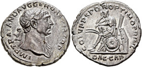 Trajan, 98-117. Denarius (Silver, 19 mm, 3.37 g, 6 h), Rome, circa 108-109. IMP TRAIANO AVG GER DAC P M TR P Laureate head of Trajan to right, with sl...