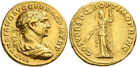 Trajan, 98-117. Aureus (Gold, 19 mm, 7.27 g, 6 h), Rome, circa 108-110. IMP TRAIANO AVG GER DAC P M TR P Laureate, draped and cuirassed bust of Trajan...